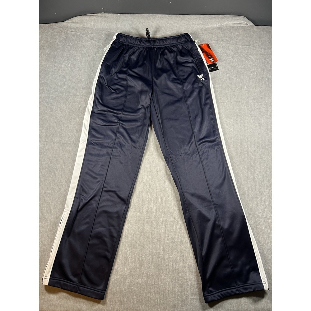 TYR Mens Large Track Pants Navy White Stripe Athletic Warm Up Pants Zipper Pkts